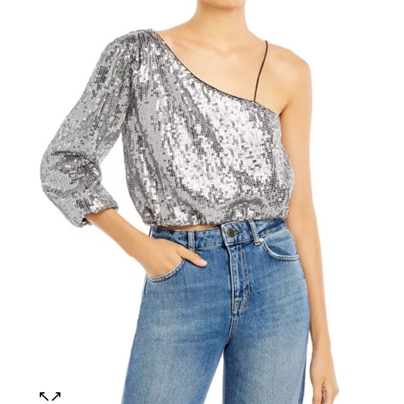 Alice + Olivia Lucinda Silver Sequin One-Shoulder Top - Picture 1 of 7